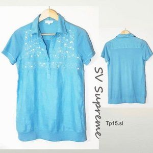 Blouse Linen Blend Light Blue Shirt Sequin Short Sleeved Buttoned Collar Lined